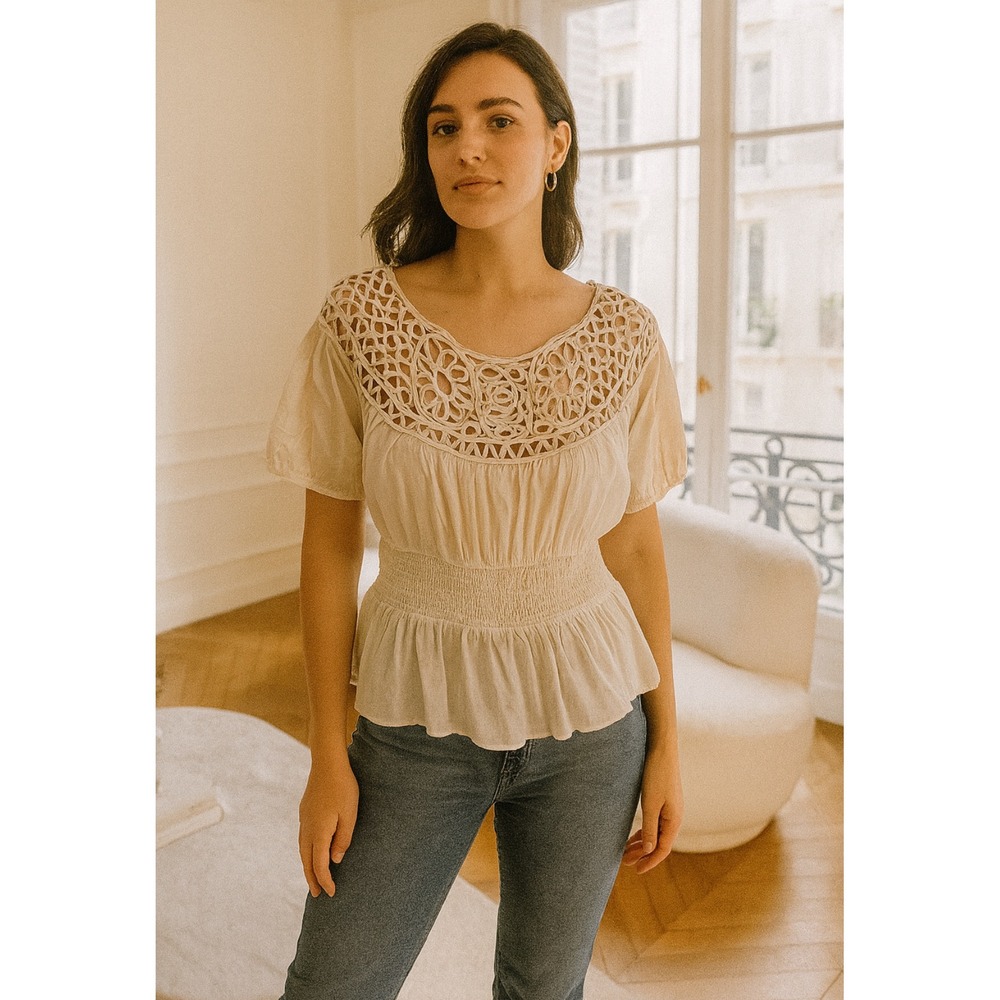 ARYN K. Womens Top Crochet Cream‎ Peplum Short Sleeve Boho Smocked Blouse Sz Lg